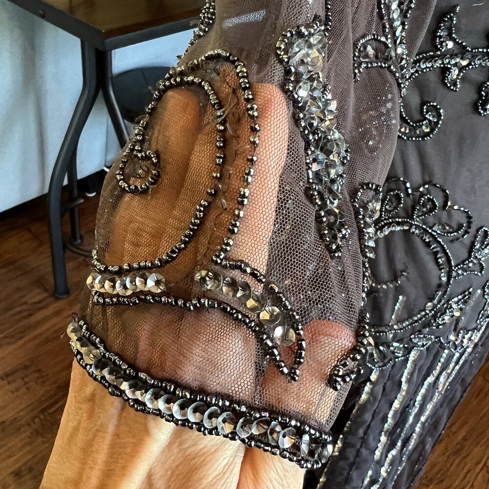 Pisarro Nights Heavily Beaded Mesh Maxi Dress SZ 14 Gatsby Formal Evening Gown - Picture 12 of 16